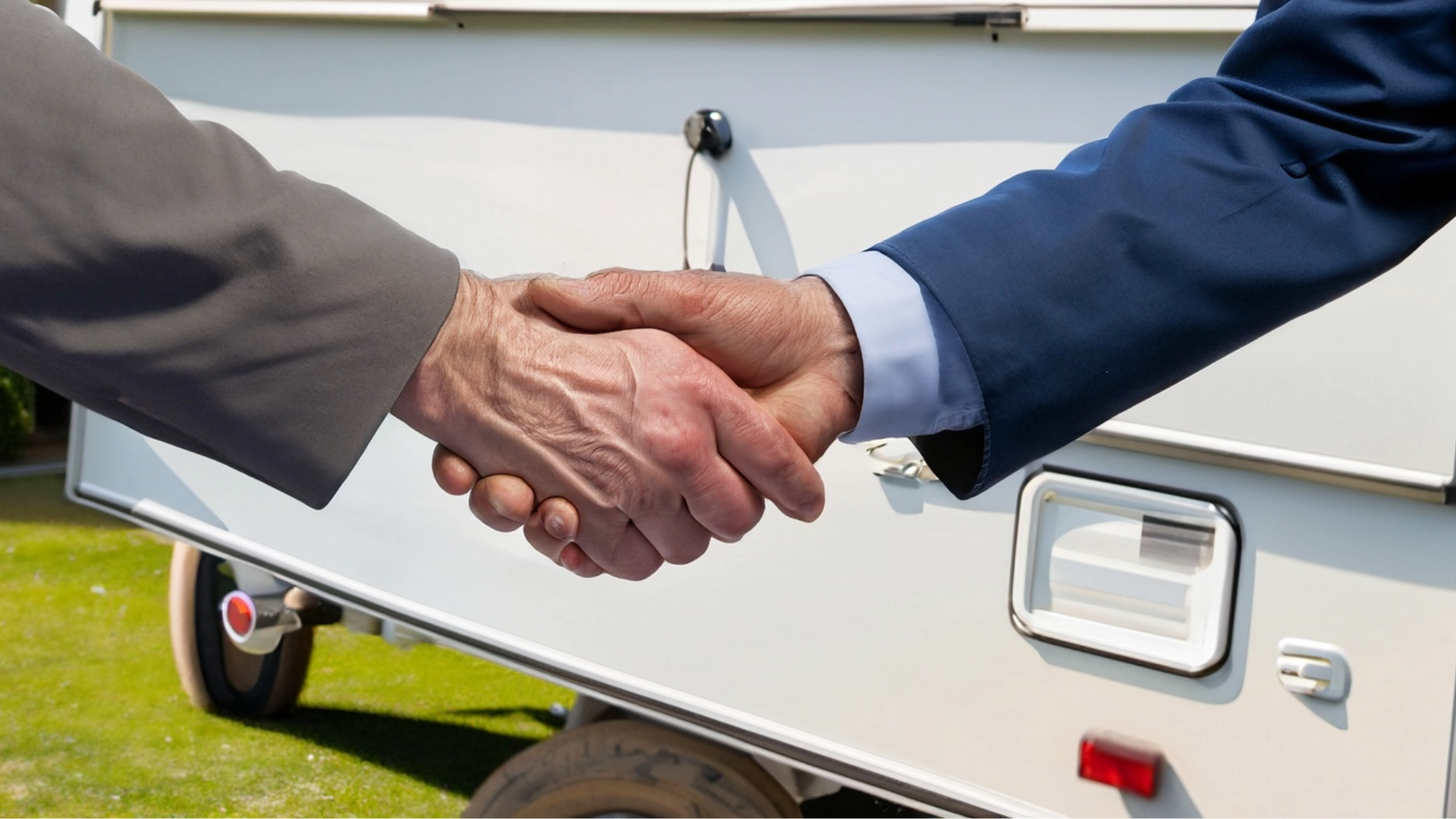 An Albuquerque trailer sales center salesman shakes hands with a customer.