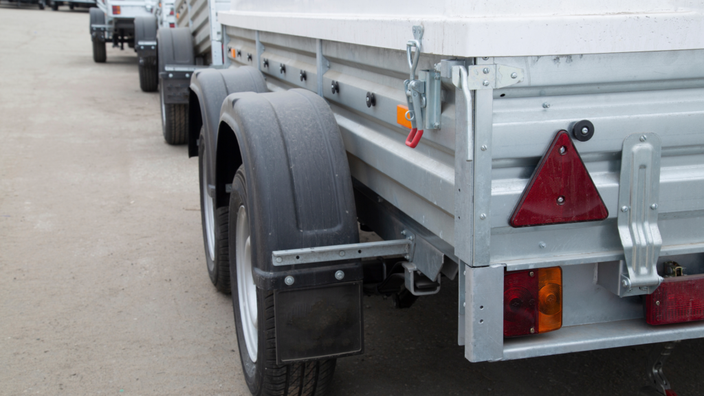 A row of utility trailers sits on an Albuquerque trailer sales lot. 